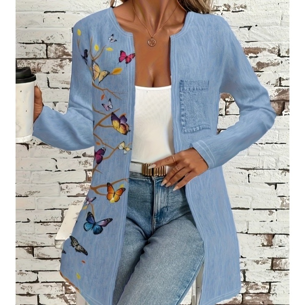 Womens Lightweight Open Front Denim Print Butterfly Tree Fairy Country Silky 2XL